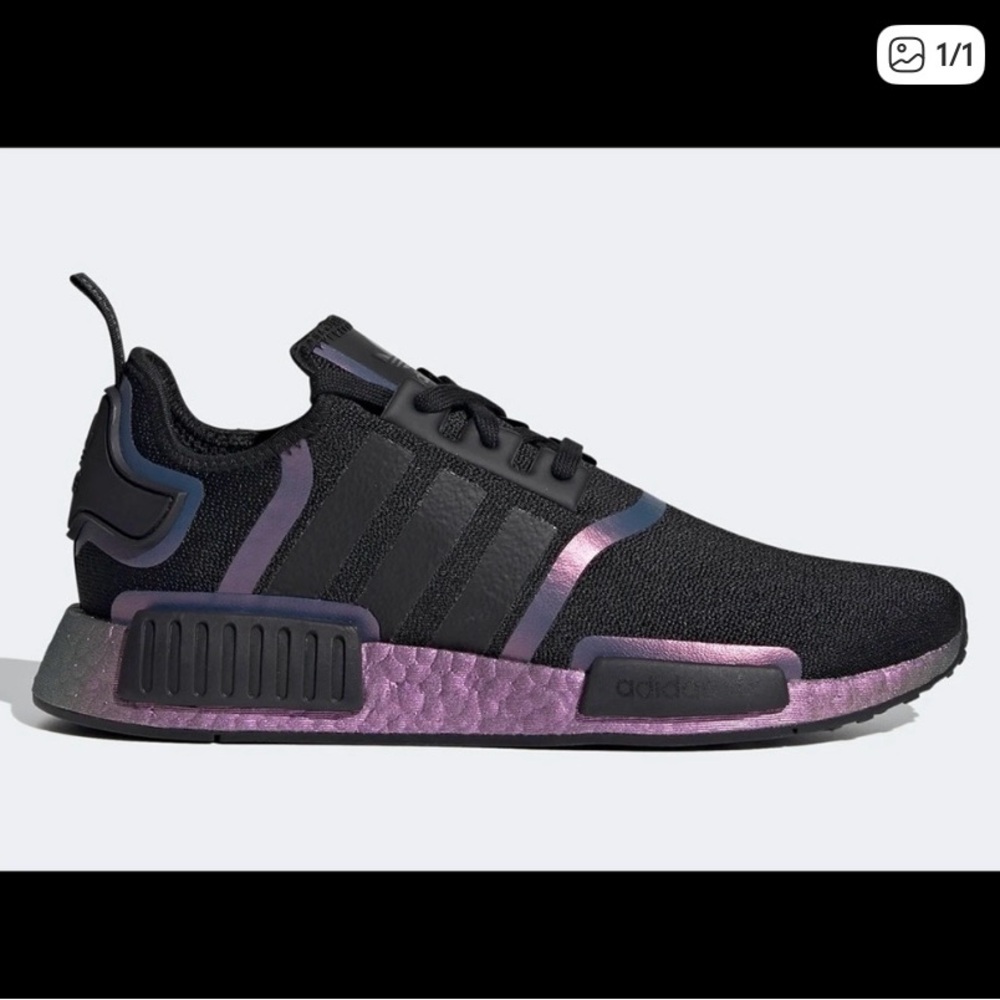 adidas NMD R1 Black with metallic Purple Accents men’s 6 fits women’s 7.5